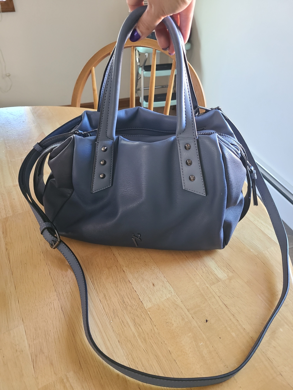 Elegant Slate Blue Leather Satchel with Top Handles